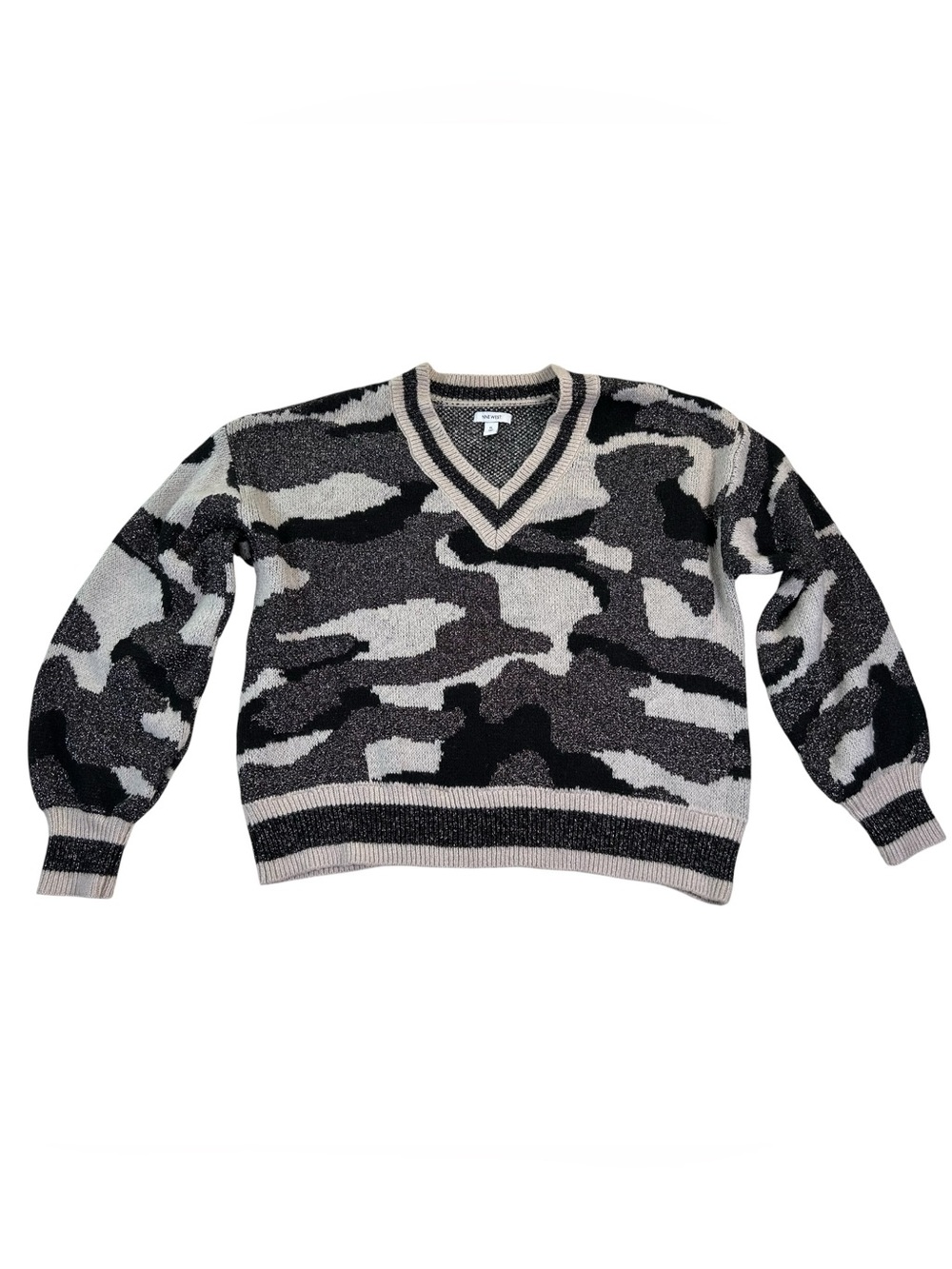 Nine West Metallic Camo V-Neck Sweater Quiet Luxury Cozy